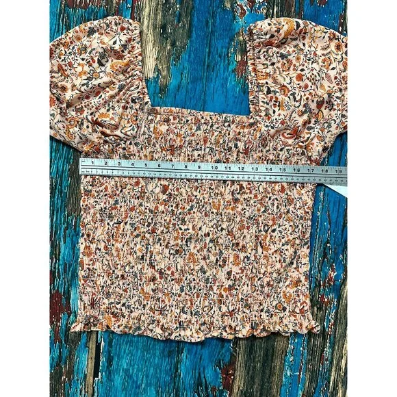 Shirts/NWT Old Navy Peach Floral Smocked Puff Sleeve Peplum Square Neckline XL - Picture 9 of 12